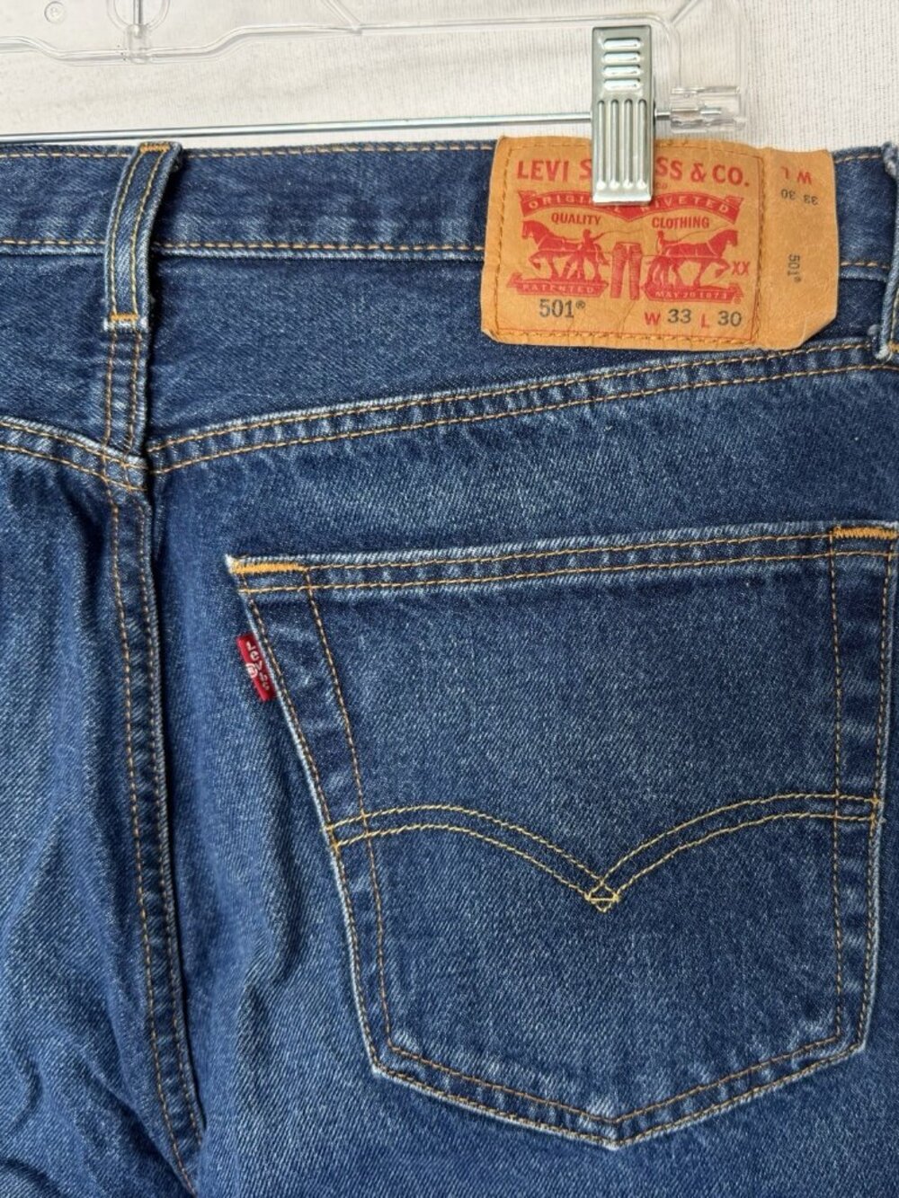 Levi's 501 Button Fly Jeans 33x25 Dark Wash Cropped Raw Hem Straight Leg